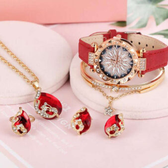 Luksusa sieviešu pulkstenis ar juvelierizstrādājumu komplektu – aproce, kaklarota, auskari, gredzens