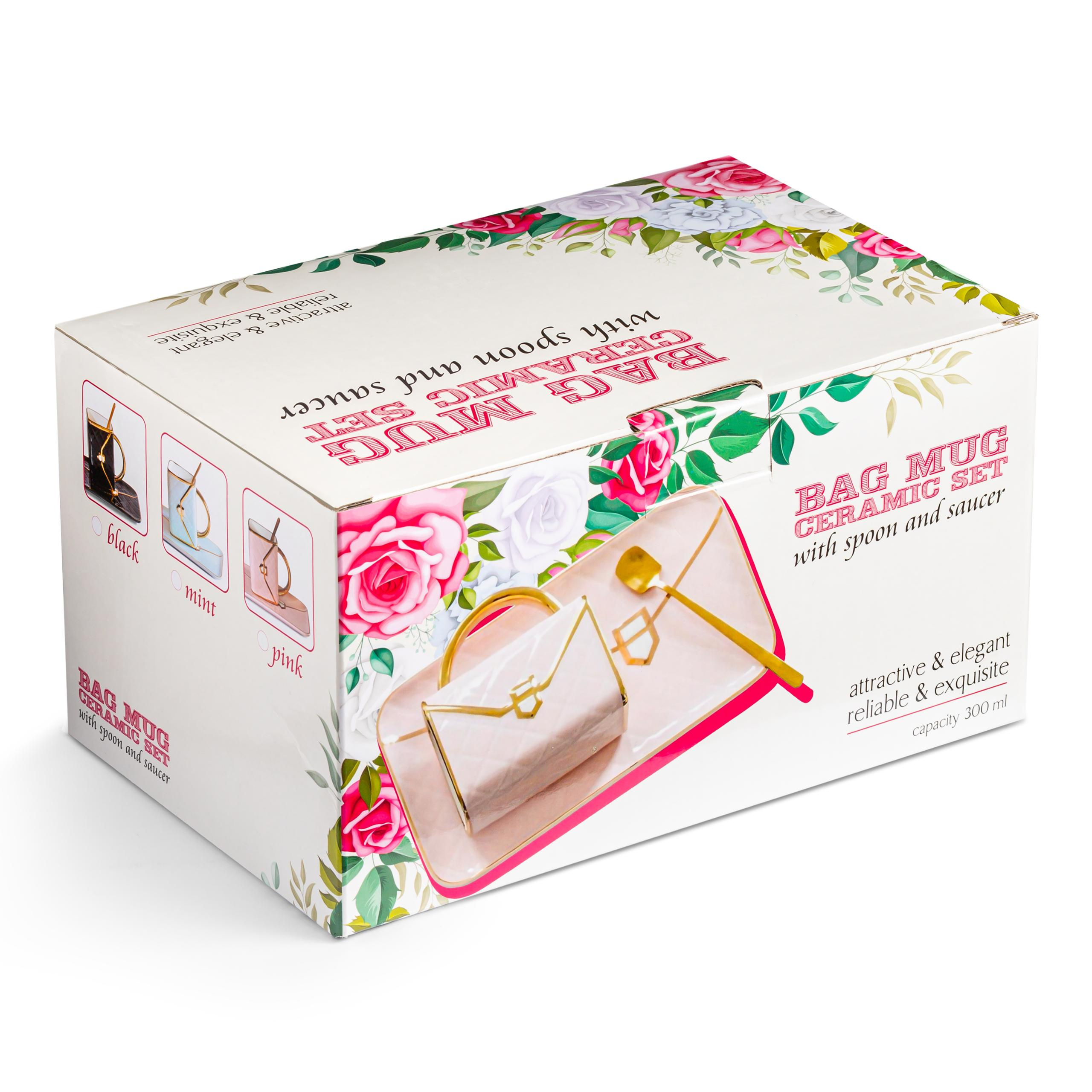 Keramikas krūzes komplekts rokassomas dizainā ar apakštasīti un zelta karotīti 300 ml - Image 3